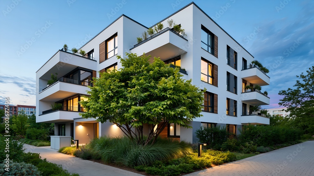 Fototapeta premium Modern white apartment building with balconies.