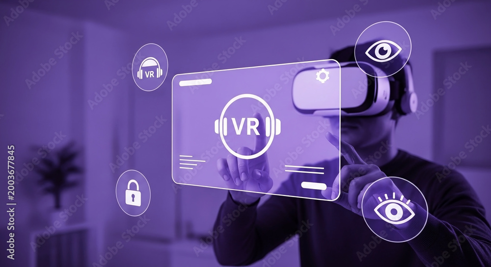 Fototapeta premium Person engaging with an immersive virtual reality headset, interacting with a futuristic holographic display for advanced digital exploration and innovation