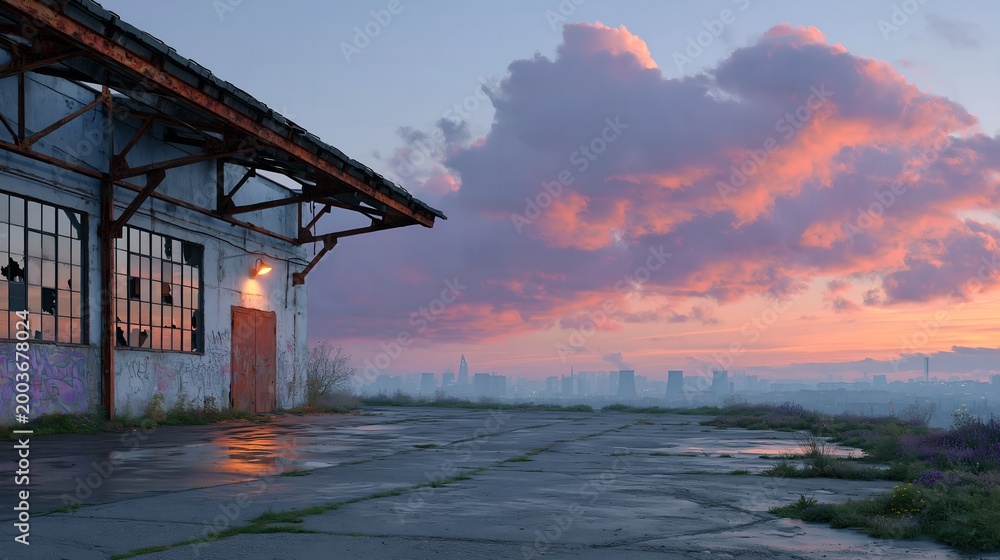 Obraz premium Abandoned building stands silent at dusk's edge.