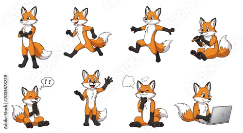Collection of Cute Cartoon Fox Poses and Actions.