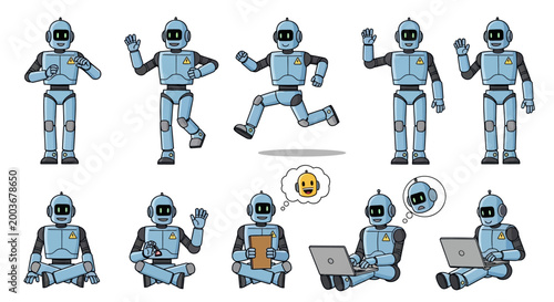 Collection of Cute Robot Characters in Various Poses.