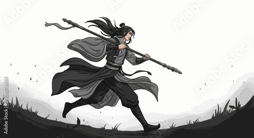 Warrior woman with long hair running.