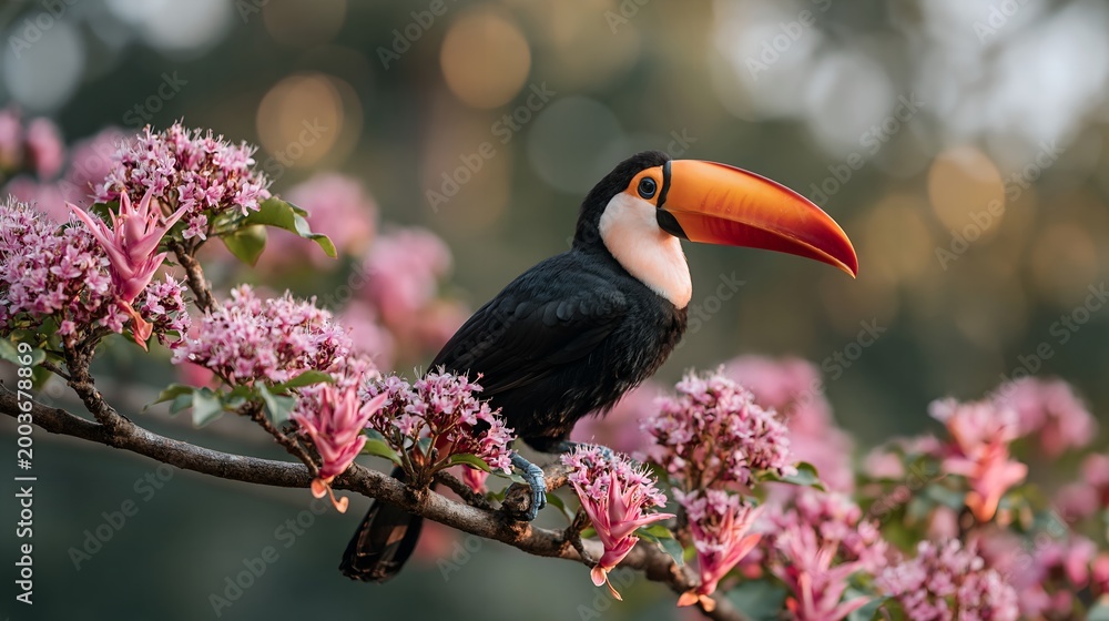 Fototapeta premium Toucan perches gracefully on blossoming branch.