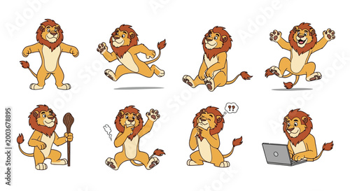 Collection of Cartoon Lions in Various Poses and Activities.