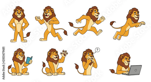 Cartoon lion emoticons and laptop.