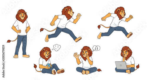 Anthropomorphic Lion Character Poses Set.