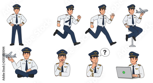 Collection of Pilot Poses and Actions in Uniform.