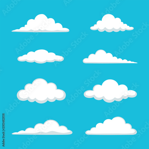 Collection pack bundle of editable cloud vector illustrations. Minimalist filled white flat design and hand-drawn outline stroke doodle set on blue. Commercial graphic resource.
