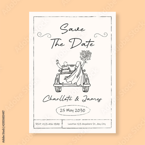 Tableau sur toile Minimalist Save the Date Wedding Invitation Template featuring Hand Drawn Bride