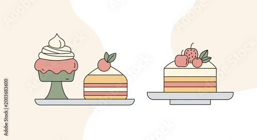 Set of Sweet Cake and Cupcake Vector Illustrations in Cute Pastel Flat Design Style for Bakery Menu Design Elements