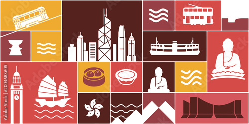 Photography Collage of Hong Kong landmarks, symbols, and cultural icons in a vibrant mosaic pattern