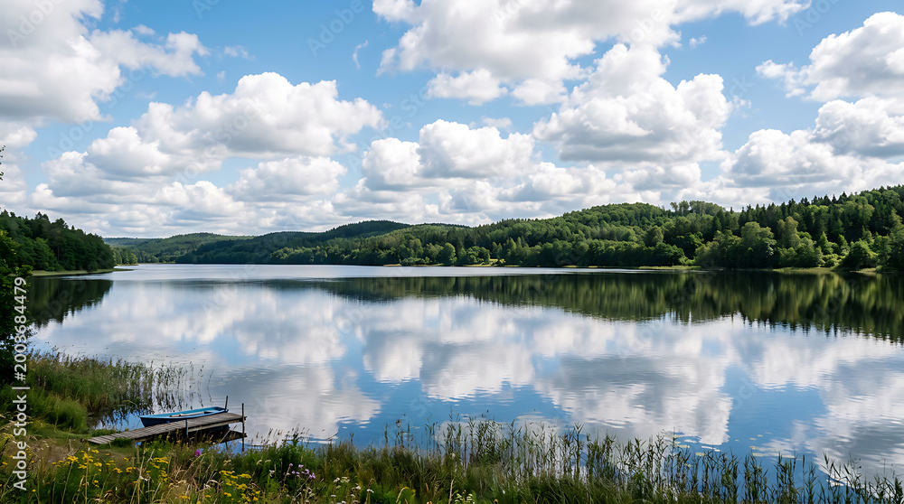 Fototapeta premium Scenic lake with green hills and blue sky isolated on transparent background