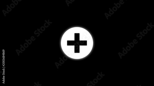 Animated glowing white plus sign add button shrinking on black background