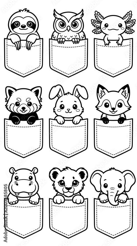Fototapeta premium Cute pocket animals line art sticker set for coloring book