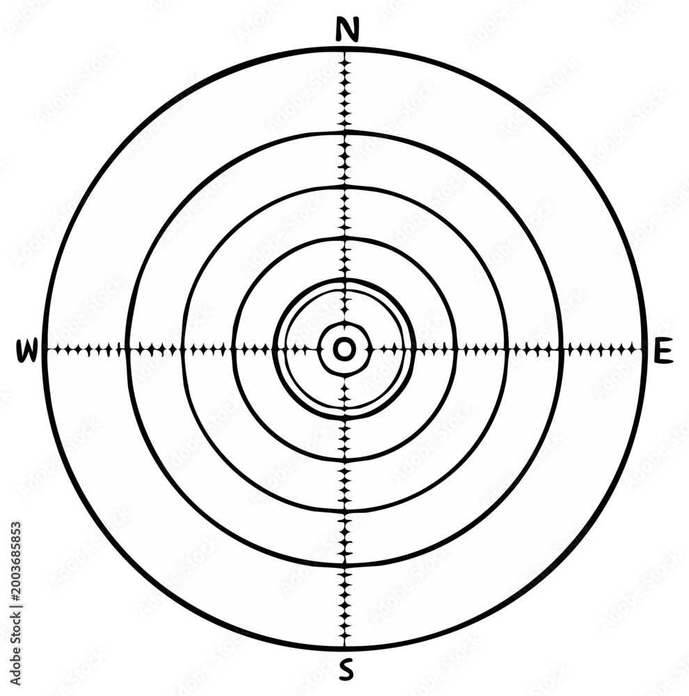Fototapeta premium Target bullseye design in black and white with directional compass points, vector, drawing. Navigation concepts and aiming.