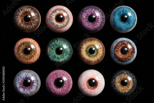 Realistic multicolored doll eyes with detailed iris textures in various colors arranged on black background, creating vivid and artistic display
