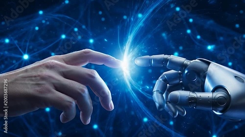 A human hand and a robotic hand reaching towards each other with a network background, symbolizing connection