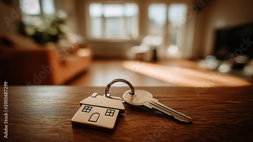 House keychain and keys on a table, symbolizing home ownership, property access, and real estate investment.
