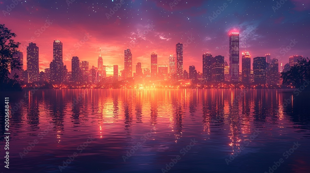 Fototapeta premium Cityscape at sunset reflected in calm water.