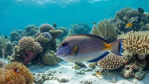 Colorful fish swimming near coral reef.