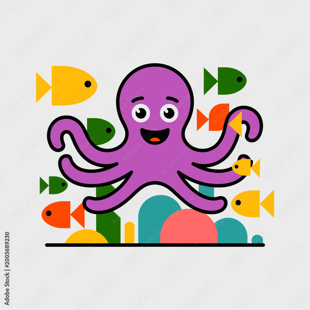 Fototapeta premium A friendly purple octopus swims amidst colorful geometric fish and coral in a vibrant, digitally created underwater scene, showcasing marine life and abstract shapes.