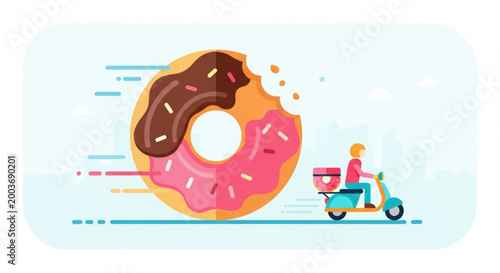Delivery person on scooter with large pink and chocolate frosted donut