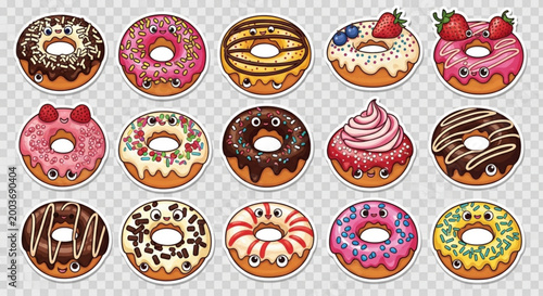 Assorted donuts with colorful toppings and glazes on a transparent background