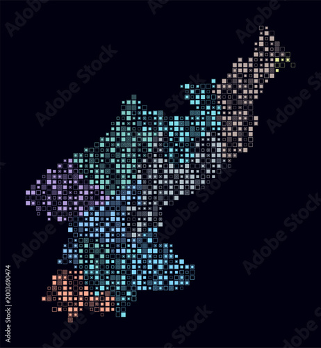 Dem. Rep. Korea, shape of the country build of colored cells. Digital style map of the Dem. Rep. Korea on dark background. Small size square blocks. Stylish vector illustration.