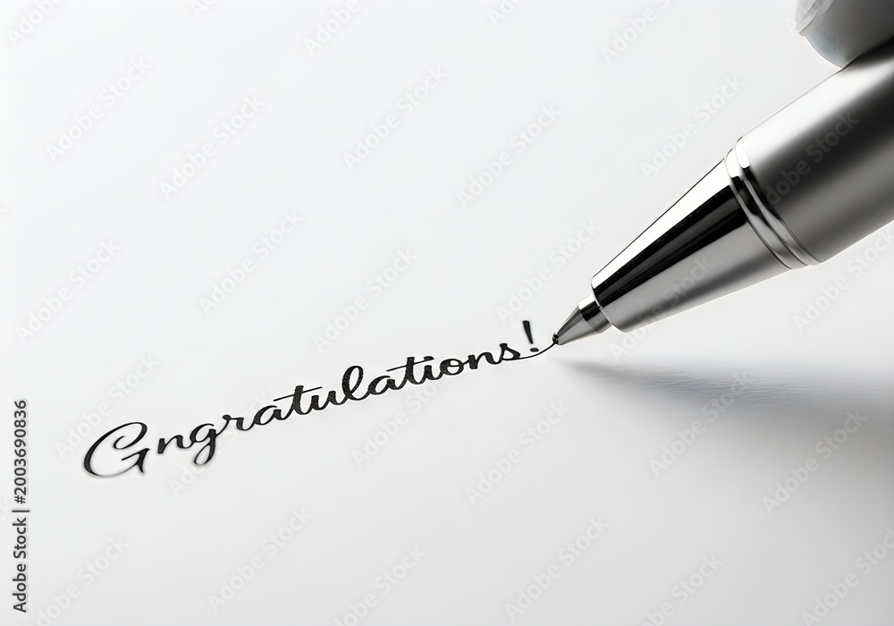 Fototapeta premium Silver pen writing congratulations on white paper surface