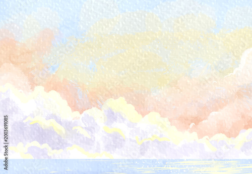 Soft Pastel Watercolor Sky Background with Fluffy Clouds and Sea Horizon Hand Painted Abstract Art Texture for Creative Design