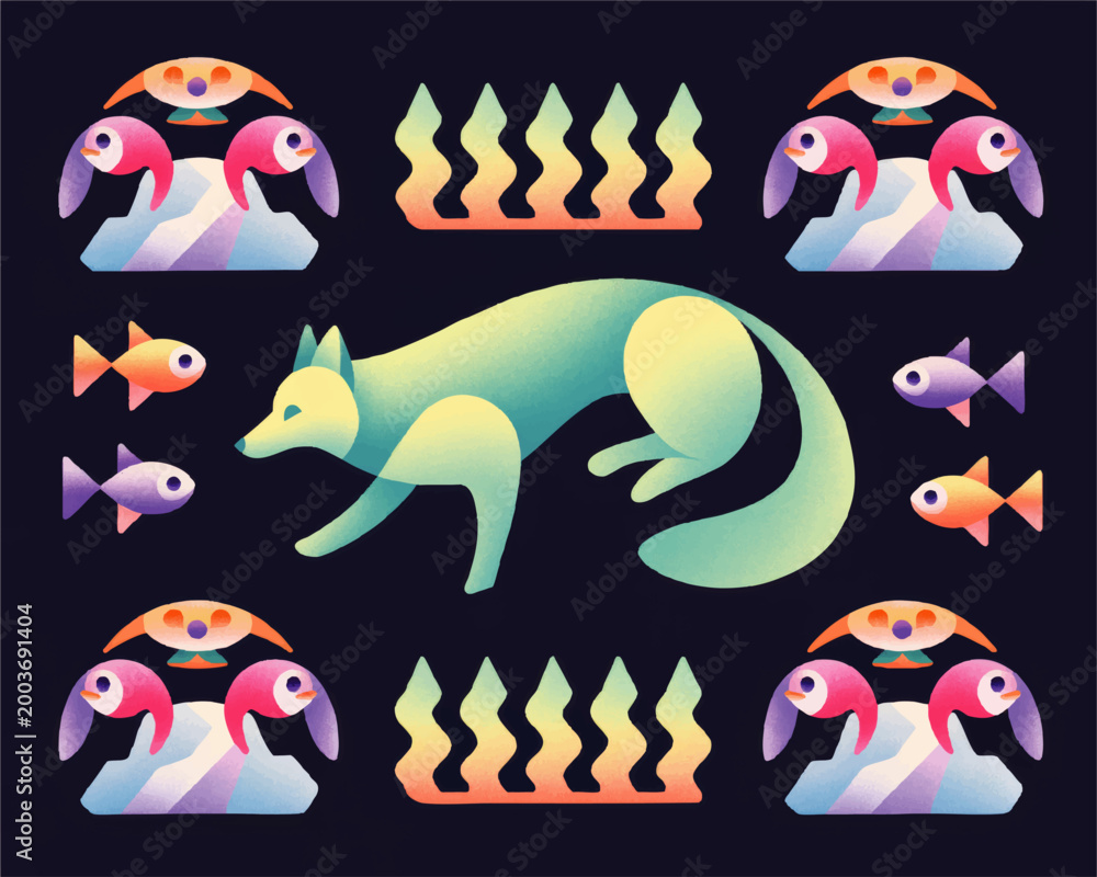 Fototapeta premium Dreamlike Arctic Fox with Fish and Birds Seamless Pattern, Colorful Nordic Folk Art Illustration on Dark Background