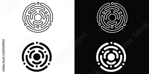 Minimalist vector logo featuring abstract concentric circular lines and dots, representing digital connectivity, data networking, and modern tech.