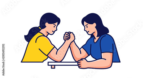 Two women arm wrestling, concept of competition and strength, flat design