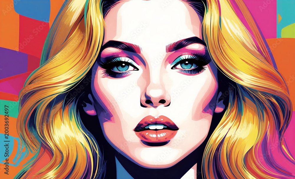 Obraz premium Vibrant pop art portrait of a stunning blonde woman with bold