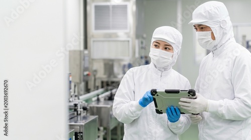 日本人で半導体工場の40代男性と20代女性が生産ラインの前でタブレットを用いて点検を行う様子。クリーンルームでの若手育成とDX化による品質管理の製造現場。