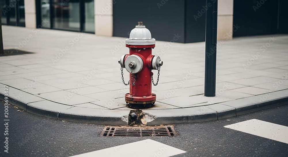 Fototapeta premium Vibrant Red and White Fire Hydrant on Modern City Street Corner with Sidewalk and Storm Drain