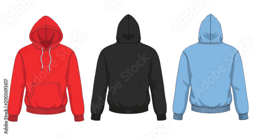 Three Hoodies: Red, Black, and Blue, Front View, Isolated on White