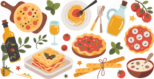 Italian cuisine vector illustration set, pizza pasta lasagna bread olive oil dishes, traditional food collection, colorful restaurant menu design