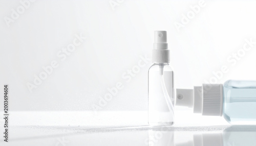 The Essence of Hygiene: A serene composition featuring sleek, transparent spray bottles, embodying cleanliness and care.