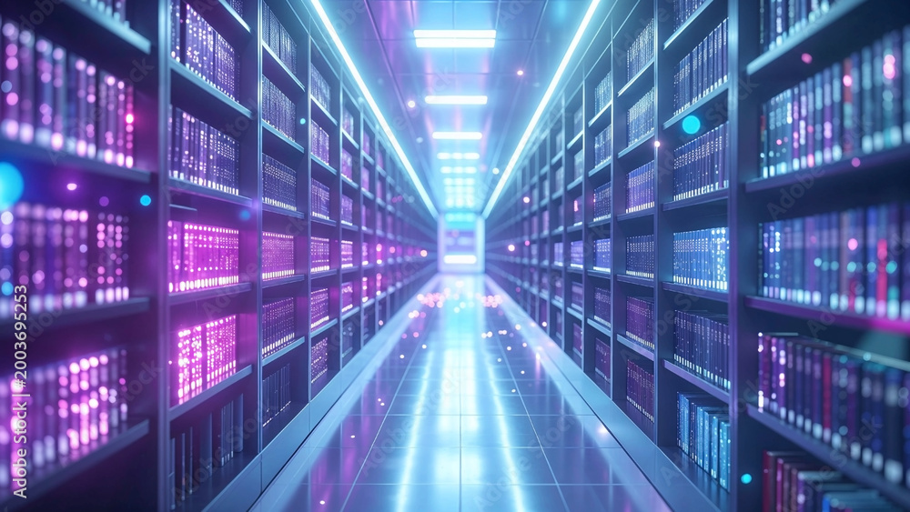 Obraz premium Futuristic digital library with glowing data on shelves