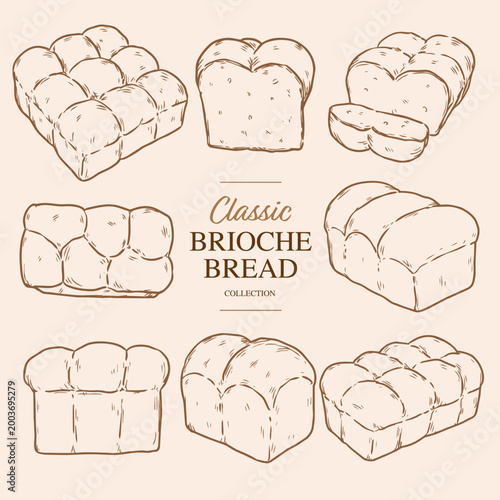 Set of hand drawn Brioche bread
 outline drawing illustration