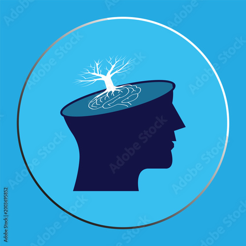 Conceptual Illustration of Human Mind Growth with Tree and Brain Silhouette