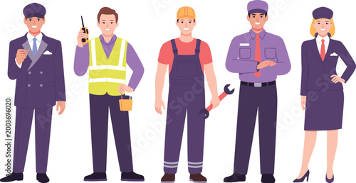 Professional workers vector set, pilot engineer mechanic police officer and businesswoman characters, diverse occupations illustration, modern flat design