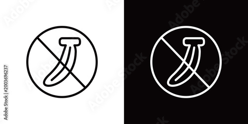 バナナ不使用のラインアイコン。白い線と黒い線のモノクロベクターイラストセット