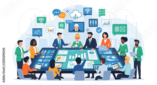 Team of diverse professionals collaborating and communicating around a large digital touchscreen table in modern office.