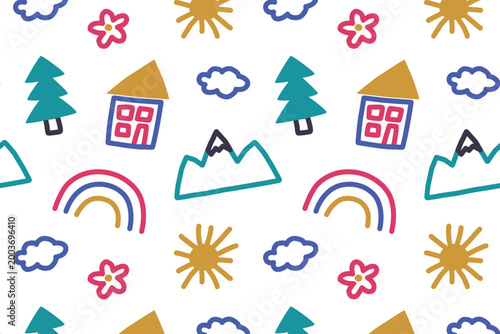 Cute kids drawing seamless pattern, naive crayon style colorful houses, suns, clouds, fir trees and flowers. Childlike scribble art and clumsy doodle vector illustration