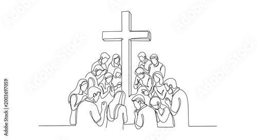 Картината върху платно People gathered around a large cross.