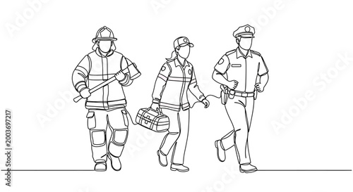 Three firefighters walking in line together.