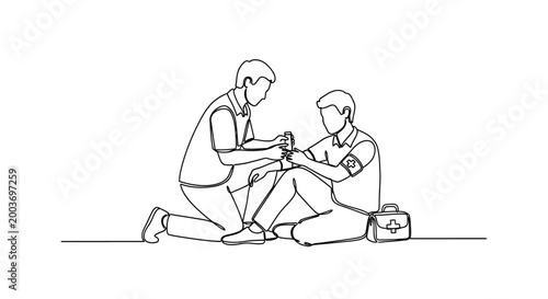 Foto Two men working on broken motorcycle.