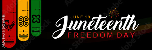 Modern horizontal Juneteenth design featuring tribal ornaments and vibrant colors, representing culture, pride, and liberation.